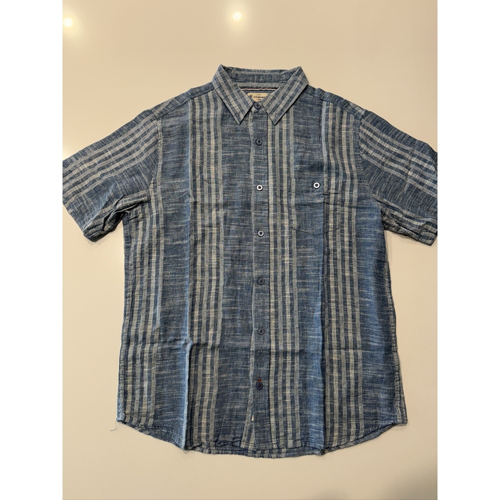 Weatherproof Vintage Men L Blue Striped Linen Short Sleeve Button Down Shirt